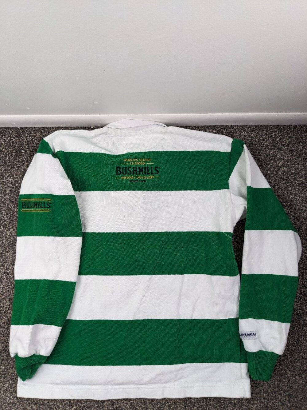 Barbarian Rugby Wear Bushmills Whiskey L/S Embroidered Green Striped Mens Small